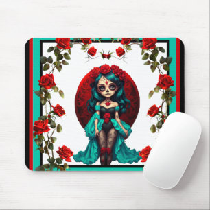 Teal and Red Roses Sugar Skulls Mouse Pad