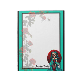 Teal and Red Roses Sugar Skulls Notepad