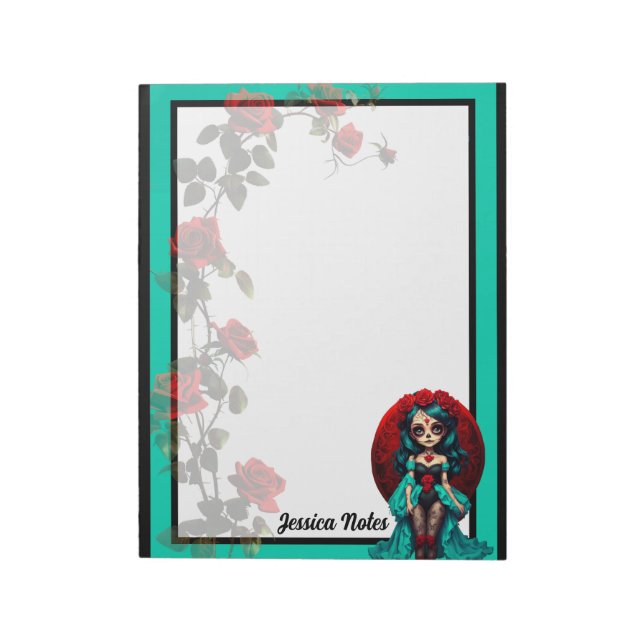 Teal and Red Roses Sugar Skulls Notepad (Rotated)