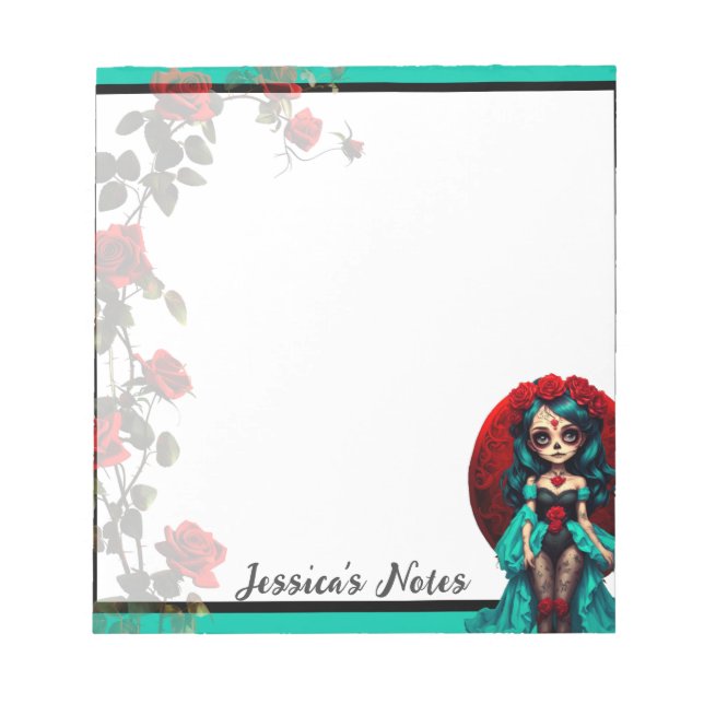Teal and Red Roses Sugar Skulls Notepad (Front)