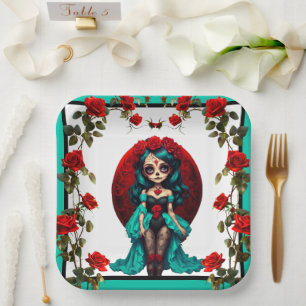 Teal and Red Roses Sugar Skulls Paper Plate