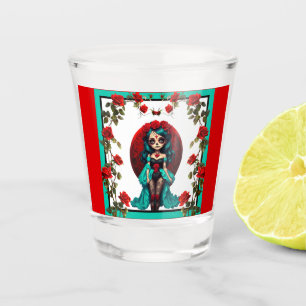 Teal and Red Roses Sugar Skulls Shot Glass