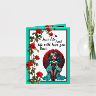 Teal and Red Roses Sugar Skulls Thank You Card