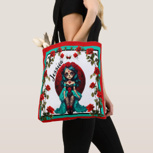 Teal and Red Roses Sugar Skulls Tote Bag