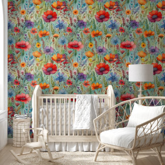 Teal and Red Watercolor Wildflowers Wallpaper