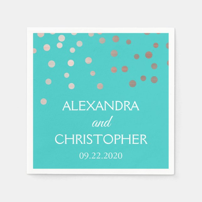 Teal and Rose Gold Foil Confetti Wedding Napkin (Front)