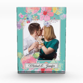 Teal and Shabby Chic Floral Custom Photo Block