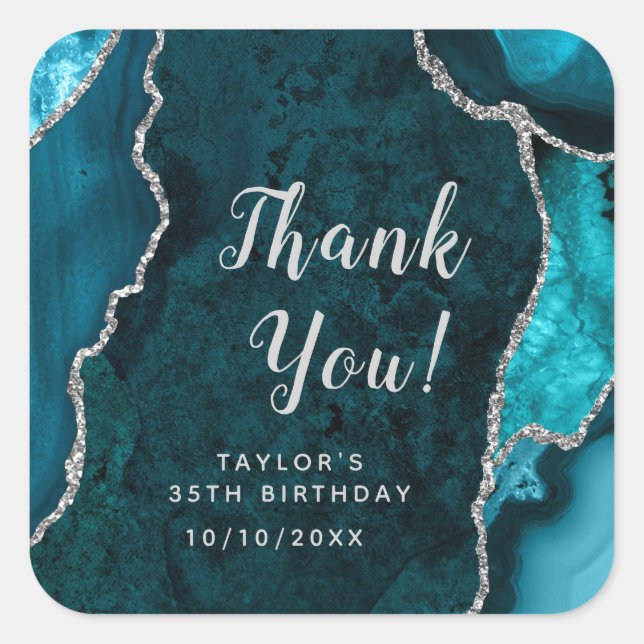 Teal and Silver Agate Birthday Thank You Square Sticker (Front)