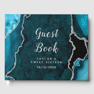 Teal and Silver Agate Marble Sweet Sixteen Guest Book