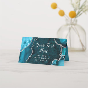 Teal and Silver Agate Marble Sweet Sixteen Place Card