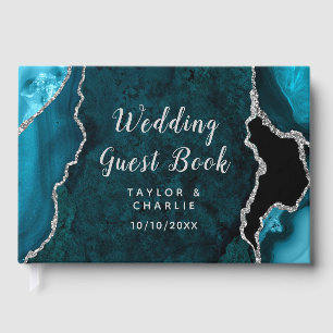Teal and Silver Agate Marble Wedding Guest Book