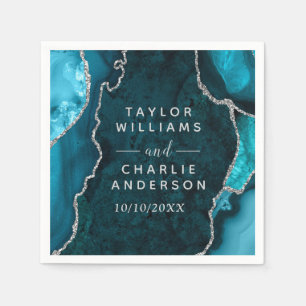 Teal and Silver Agate Marble Wedding Napkin