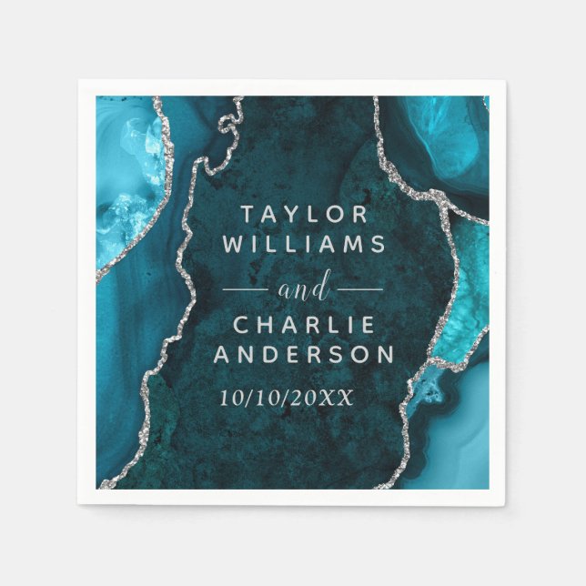 Teal and Silver Agate Marble Wedding Napkin (Front)