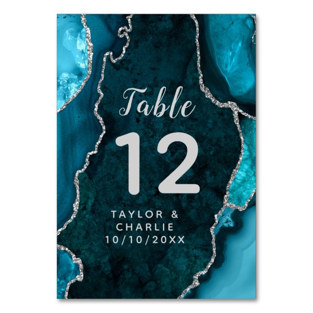 Teal and Silver Agate Marble Wedding Table Number (Front)