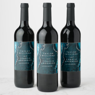 Teal and Silver Agate Marble Wedding Wine Label