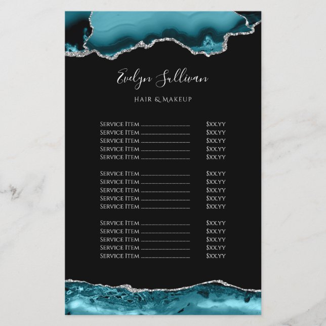 Teal and silver agate price list flyer (Front)
