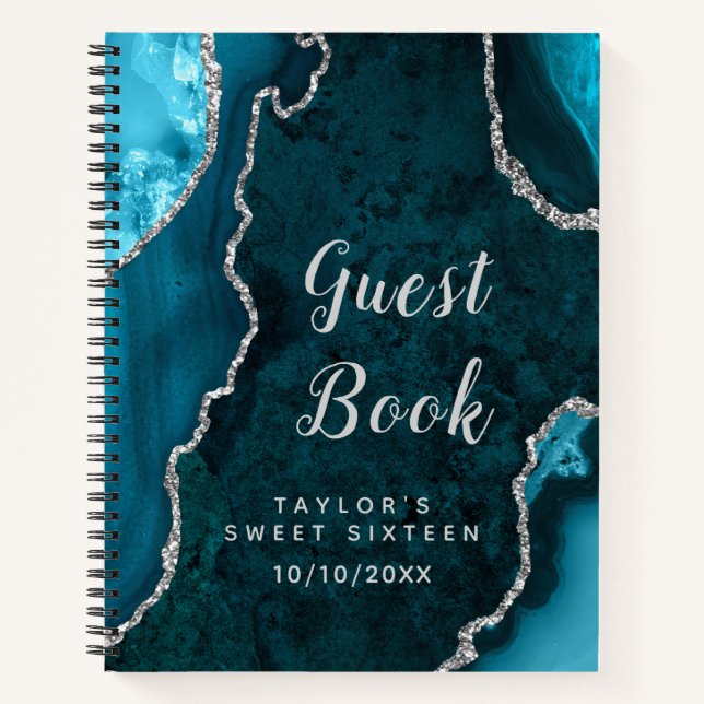 Teal and Silver Agate Sweet Sixteen Guest Book (Front)