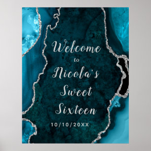 Teal and Silver Agate Sweet Sixteen Welcome Poster