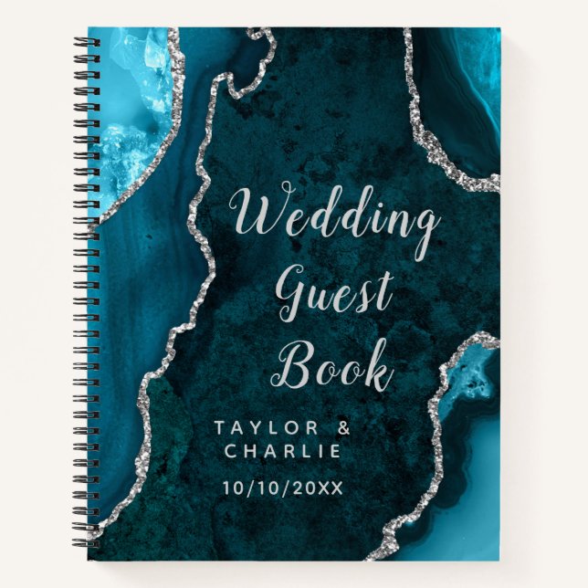 Teal and Silver Agate Wedding Guest Book (Front)
