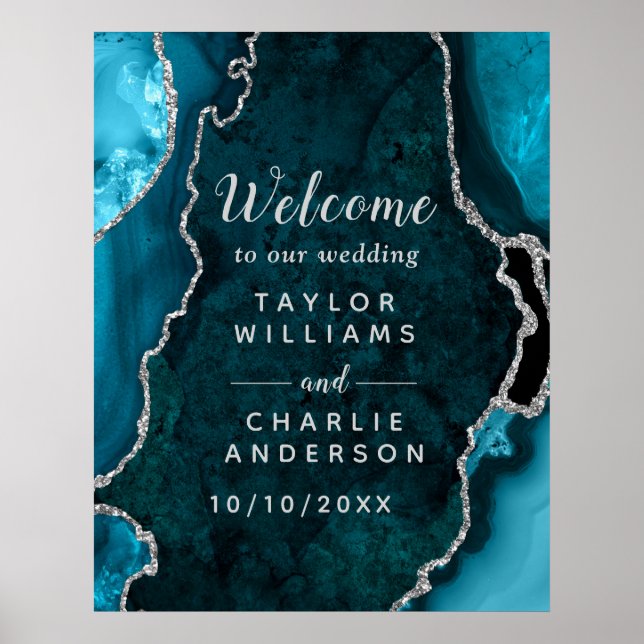 Teal and Silver Agate Wedding Welcome Poster (Front)