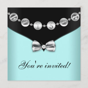 Teal and Silver Bowed Charm Sweet Sixteen Invite