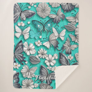 Teal and Silver Butterflies Personalised Name Sherpa Blanket