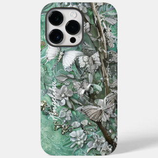 Teal and Silver Butterflies with Personalised Name Case-Mate iPhone 14 Pro Max Case