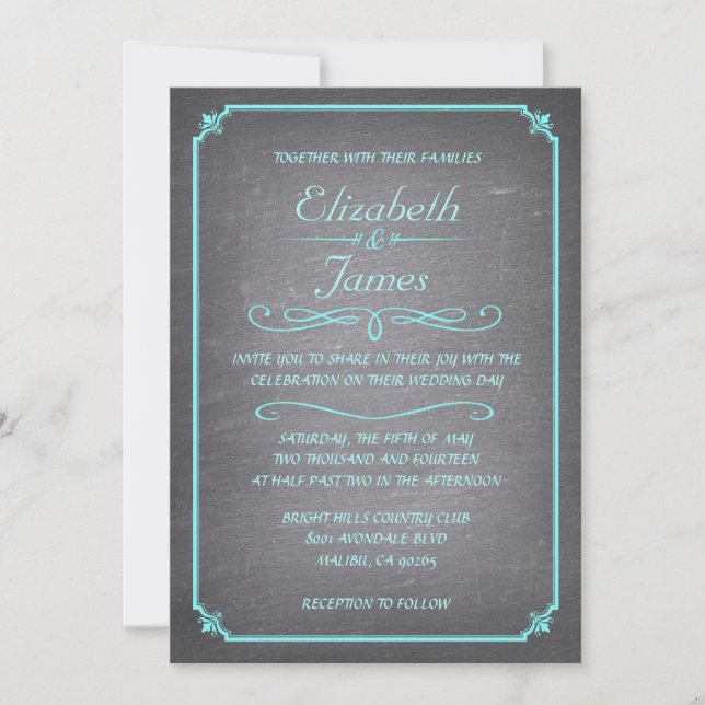 Teal and Silver Chalkboard Wedding Invitations (Front)