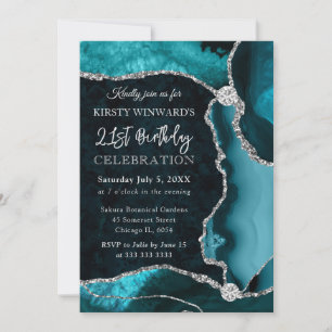 Teal and Silver Faux Glitter Agate Birthday Invitation