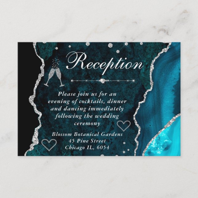Teal and Silver Faux Glitter Agate Reception Enclosure Card (Front)