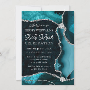 Teal and Silver Faux Glitter Agate Sweet 16 Invitation