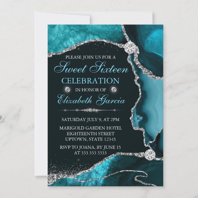 Teal and Silver Faux Glitter Agate Sweet Sixteen Invitation (Front)
