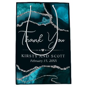 Teal and Silver Faux Glitter Agate Wedding Medium Gift Bag