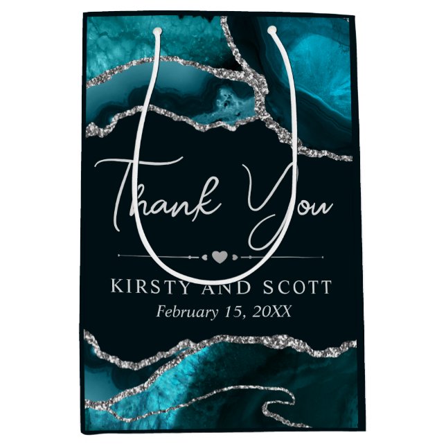 Teal and Silver Faux Glitter Agate Wedding Medium Gift Bag (Front)