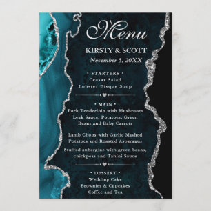 Teal and Silver Faux Glitter Agate Wedding Menu