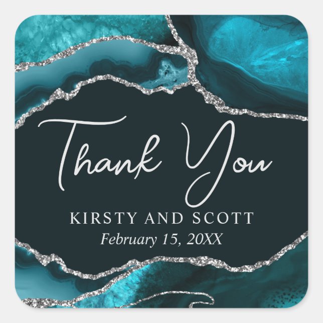 Teal and Silver Faux Glitter Agate Wedding Square Sticker (Front)