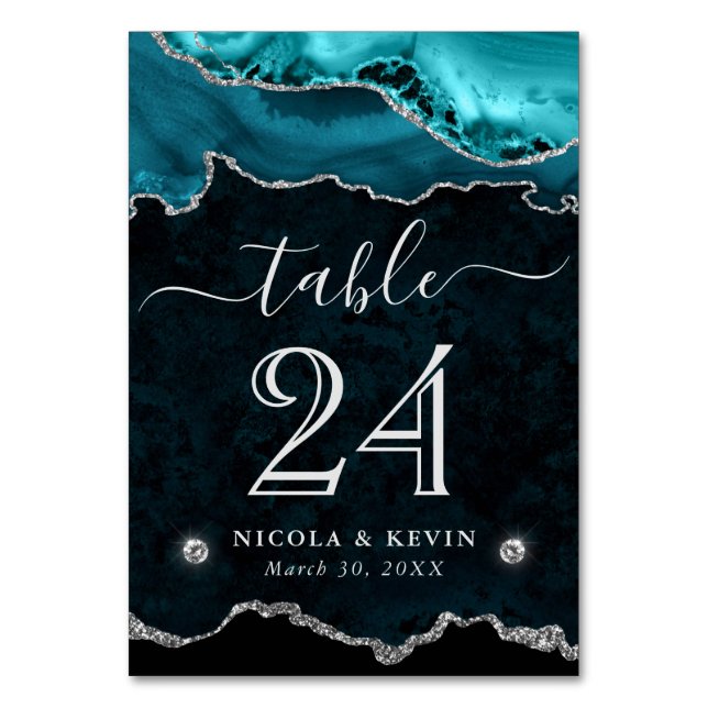 Teal and Silver Faux Glitter Agate Wedding Table Number (Front)