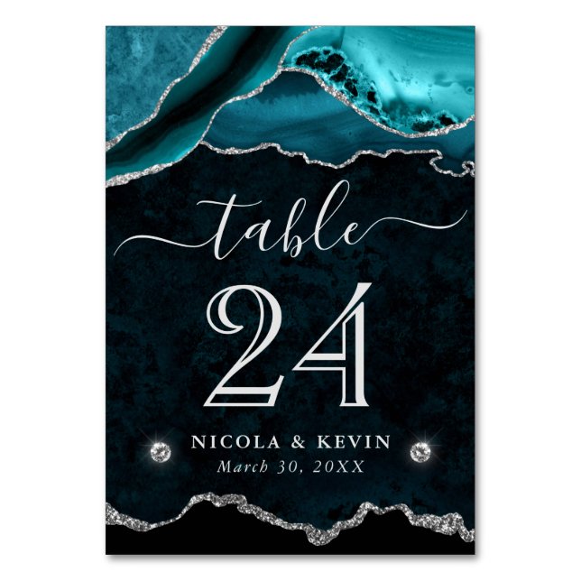Teal and Silver Faux Glitter Agate Wedding Table Number (Front)
