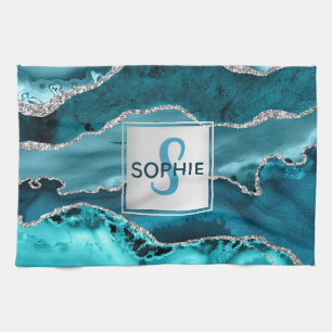 Teal and Silver Faux Glitter Marble Agate Monogram Tea Towel