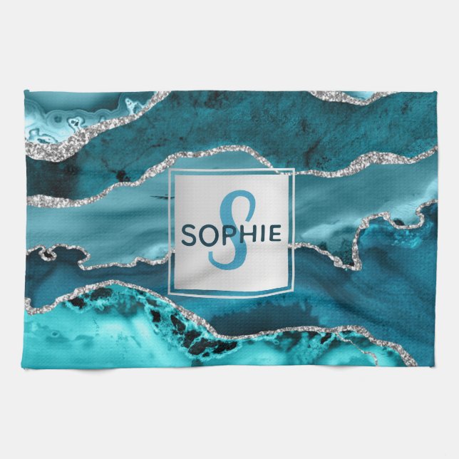 Teal and Silver Faux Glitter Marble Agate Monogram Tea Towel (Horizontal)