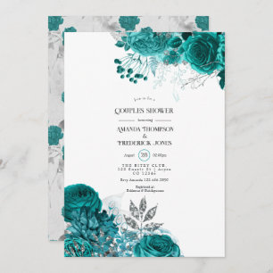 Teal and Silver Floral Couples Shower Invitation