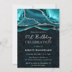 Teal and Silver Glitter Agate 21st Birthday Invitation