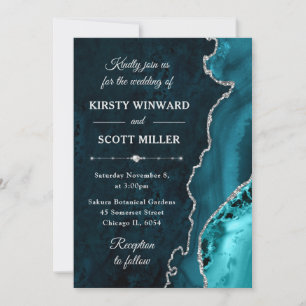 Teal and Silver Glitter Agate and marble Wedding Invitation