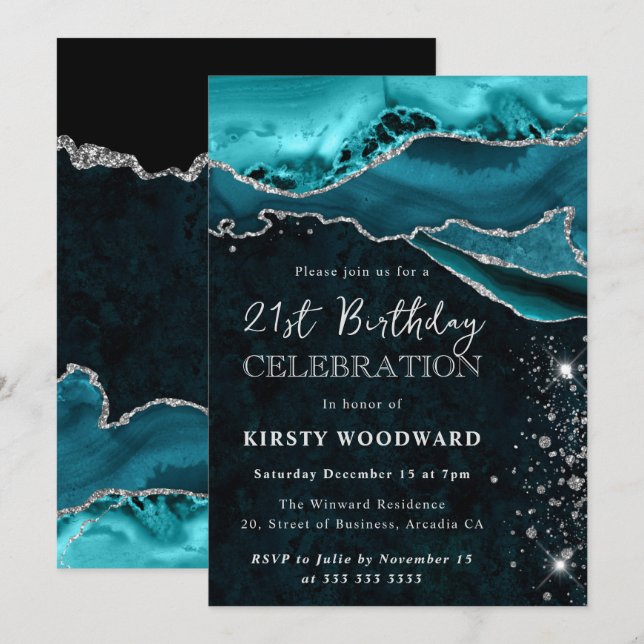 Teal and Silver Glitter Agate Birthday Invitation (Front/Back)