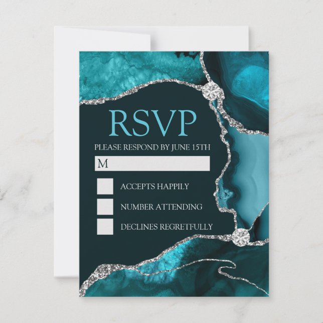 Teal and Silver Glitter Agate Birthday Party RSVP Card (Front)