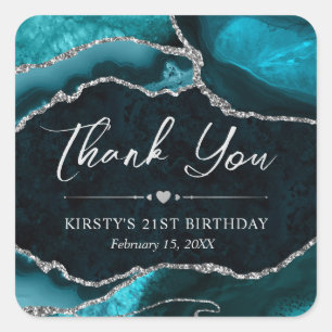 Teal and Silver Glitter Agate Birthday Party Square Sticker