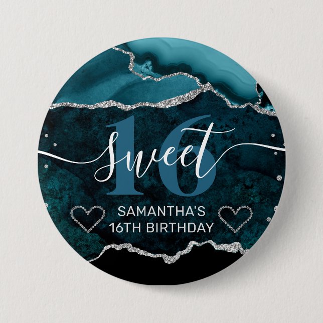 Teal and Silver Glitter Agate Marble Sweet 16 7.5 Cm Round Badge (Front)