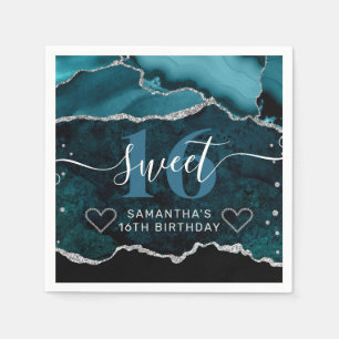 Teal and Silver Glitter Agate Marble Sweet 16 Napkin