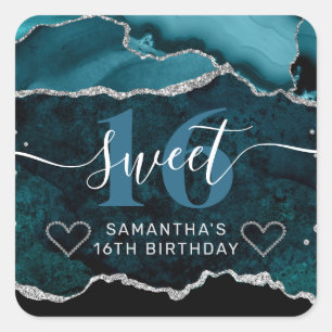 Teal and Silver Glitter Agate Marble Sweet 16 Square Sticker