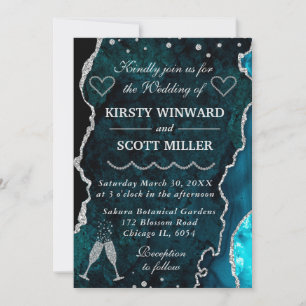 Teal and Silver Glitter Agate Marble Wedding Invitation